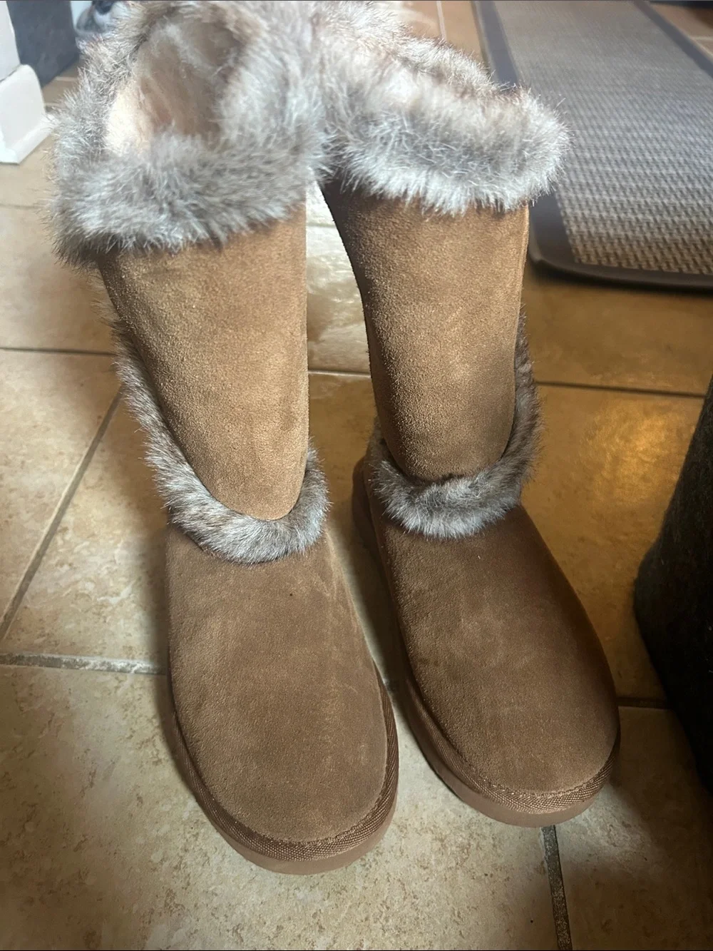BearPaw Tall Faux-Fur Trim Suede Winter Boots - Brown